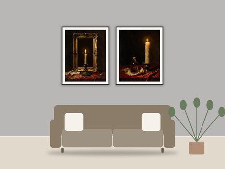 Gothic Candle Studies printable art framed above a sofa in a styled living room