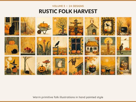 Volume 3 Rustic Folk Harvest: 24 printable Halloween art designs, warm primitive folk illustrations in hand painted style