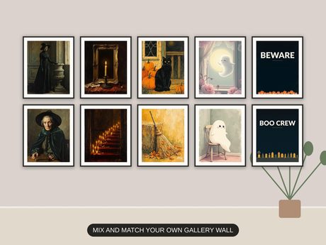 Ten Halloween prints from the bundle framed together as a gallery wall above a console table