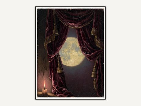 Full moon framed by velvet curtains oil painting