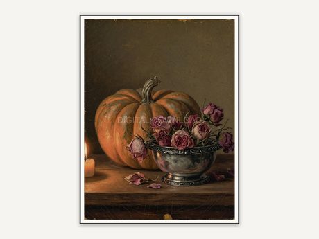 Pumpkin and dried roses still life oil painting