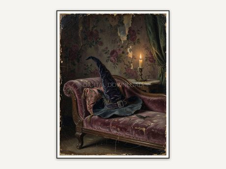 Witch hat on velvet chaise oil painting