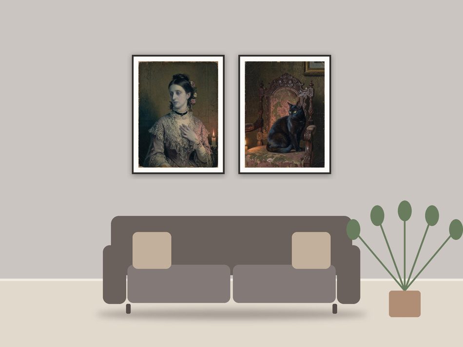victorian halloween print printable art framed above a sofa in a styled living room