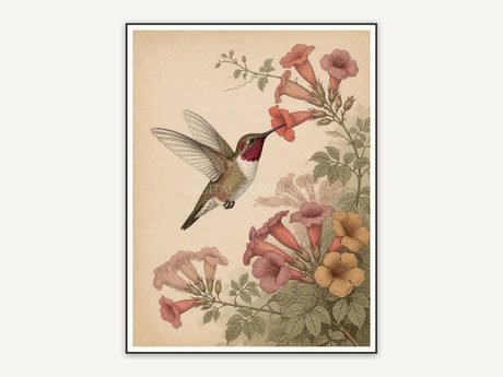 vintage hummingbird near flowers print