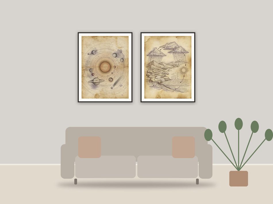vintage educational prints printable art framed above a sofa in a styled living room