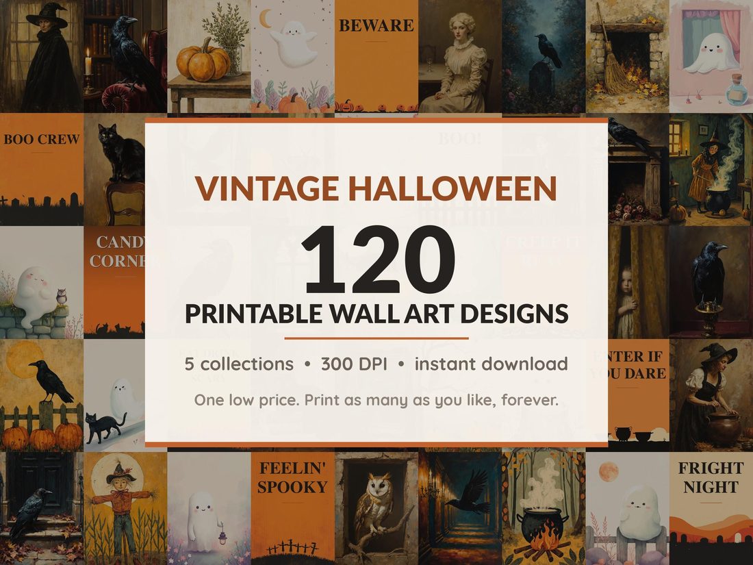 Halloween printable wall art mega bundle with 120 art prints in 5 collections: Sepia Portrait Oils, Moody Manor Studies, Mustard Folk Motifs, Blush Phantom Friends, Atomic Night Fields