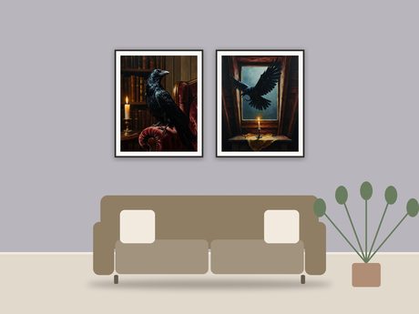 Moody Manor Studies printable art framed above a sofa in a styled living room