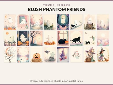 Volume 4 Blush Phantom Friends: 24 printable Halloween art designs, creepy cute rounded ghosts in soft pastel tones