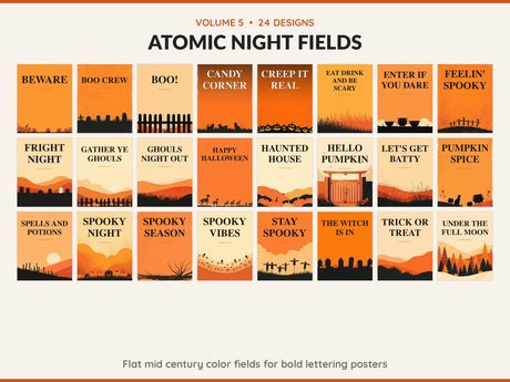 Volume 5 Atomic Night Fields: 24 printable Halloween art designs, flat mid century color fields for bold lettering posters
