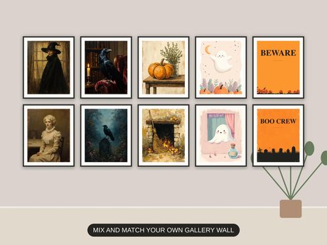 Ten Halloween prints from the bundle framed together as a gallery wall above a console table