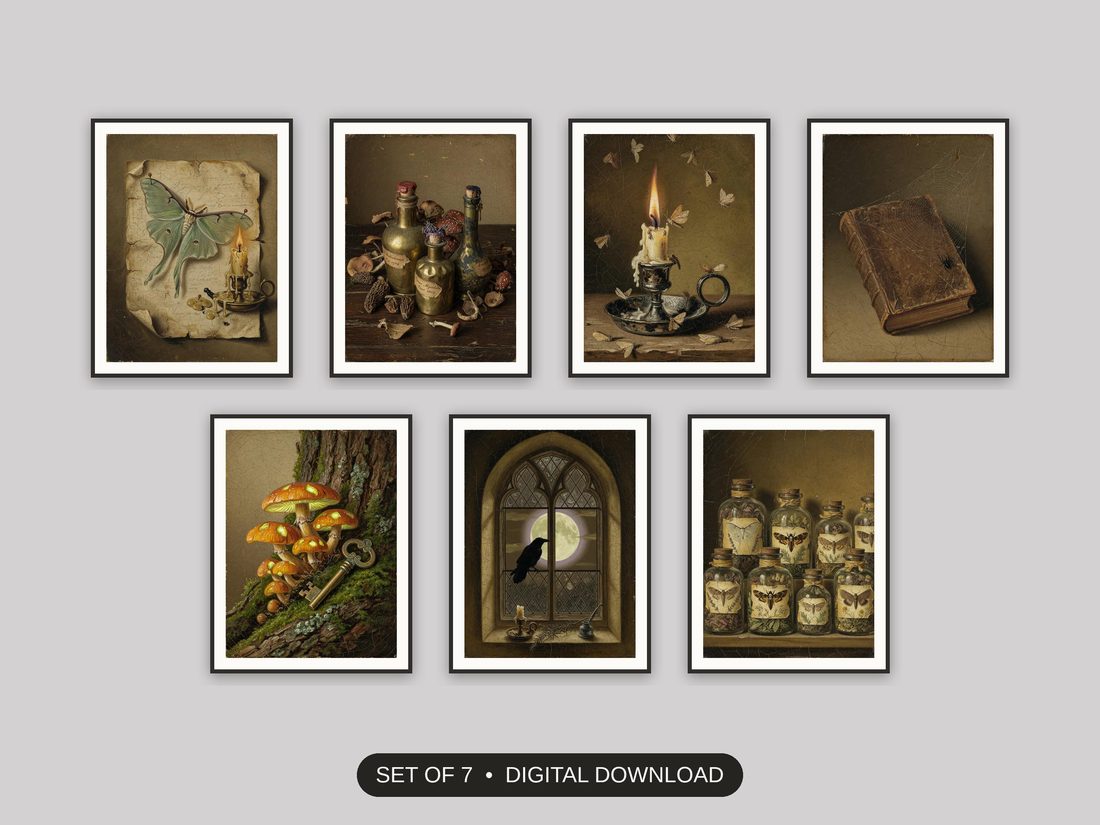 Set of 7 vintage halloween printable prints shown as a gallery wall
