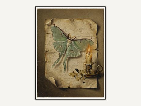 Vintage oil painting of luna moth and candle still life