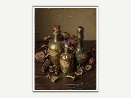 Vintage oil painting of brass potion bottles and mushrooms