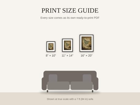 Print size guide showing 8x10, 11x14, and 16x20 framed prints at true scale beside a sofa