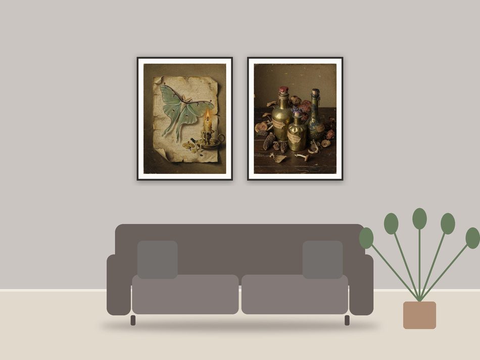 vintage halloween printable art framed above a sofa in a styled living room