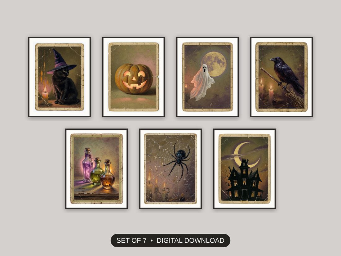 Set of 7 halloween decor and spooky season wall art printable prints shown as a gallery wall