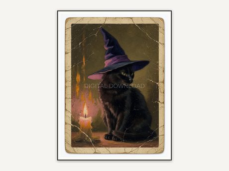 Vintage oil painting postcard of a black cat in a witch hat
