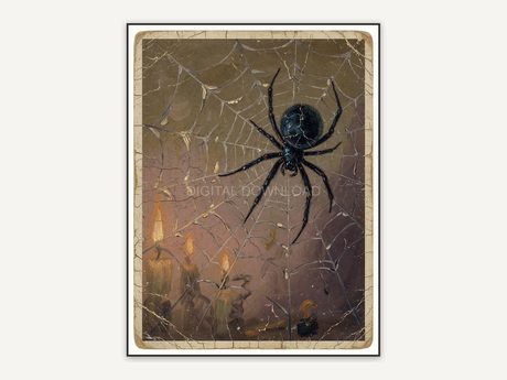 Vintage oil painting postcard of a spider on its web