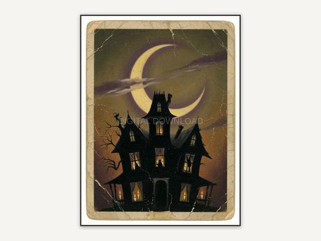 Vintage oil painting postcard of a haunted house at night