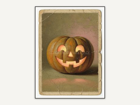 Vintage oil painting postcard of a smiling carved pumpkin