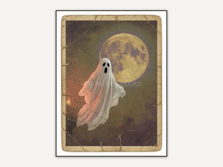 Vintage oil painting postcard of a floating sheet ghost and moon