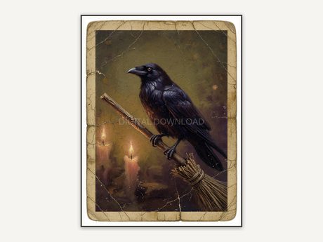 Vintage oil painting postcard of a raven on a broomstick