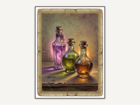 Vintage oil painting postcard of glowing potion bottles
