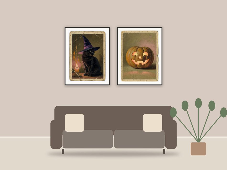 halloween decor and spooky season wall art printable art framed above a sofa in a styled living room
