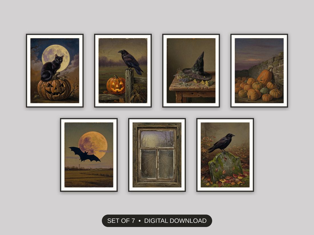 Set of 7 halloween decor printable prints shown as a gallery wall