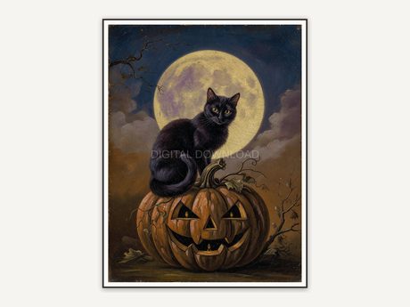 Vintage oil painting of black cat on pumpkin under full moon