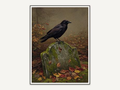 Vintage oil painting of crow on mossy gravestone with leaves