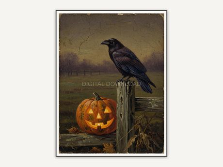 Vintage oil painting of raven beside glowing jack-o-lantern