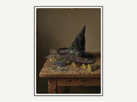 Vintage oil painting of witch hat with dried herbs on table