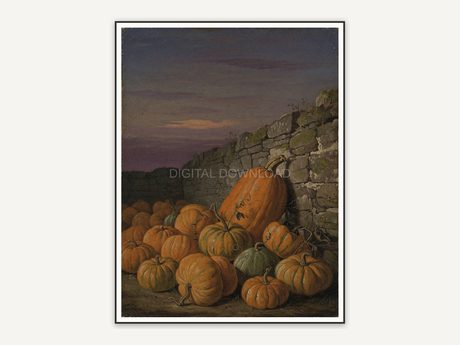 Vintage oil painting of orange pumpkins by stone wall at dusk