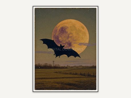 Vintage oil painting of bat against harvest moon over field