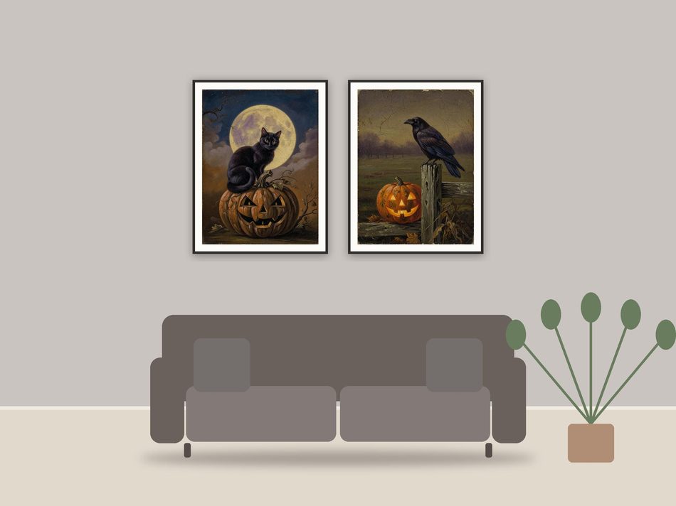 halloween decor printable art framed above a sofa in a styled living room