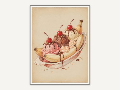 Faded vintage banana split print in nostalgic palette
