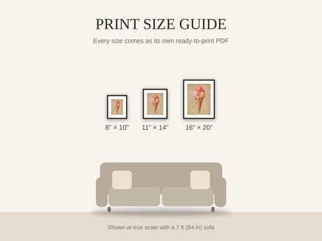 Print size guide showing 8x10, 11x14, and 16x20 framed prints at true scale beside a sofa