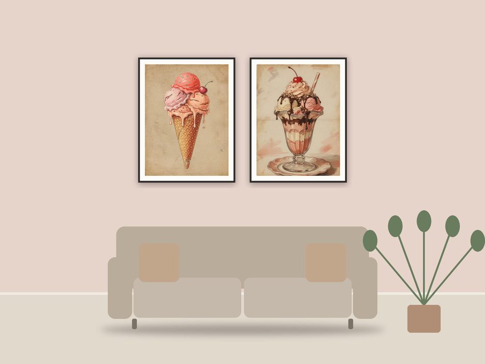 retro summer treat illustrations printable art framed above a sofa in a styled living room