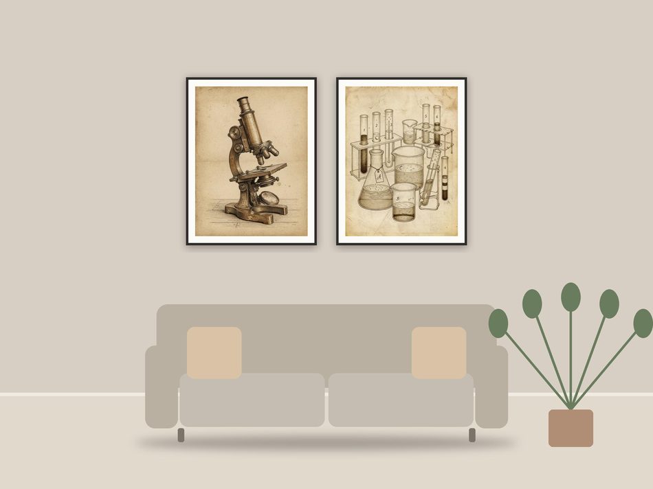 vintage science lab icons printable art framed above a sofa in a styled living room