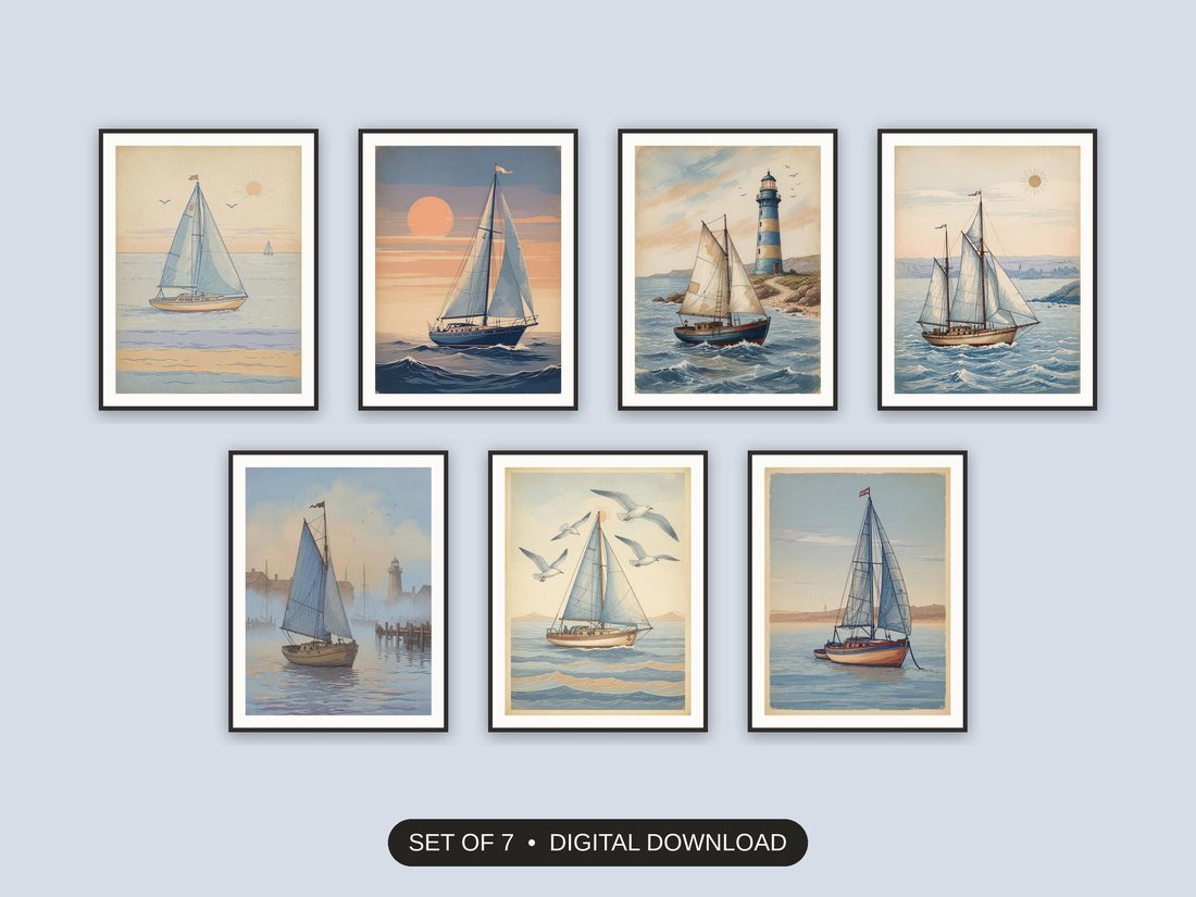 Set of 7 coastal americana printable prints shown as a gallery wall