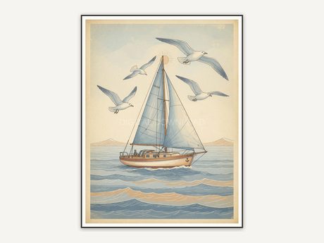 Faded sailboat with seagulls for porch wall