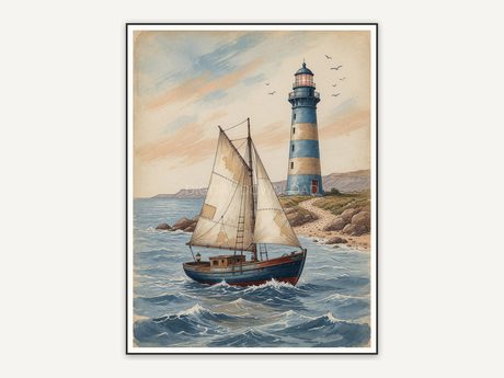 Faded sailboat near lighthouse for porch wall