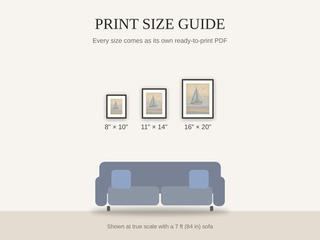 Print size guide showing 8x10, 11x14, and 16x20 framed prints at true scale beside a sofa