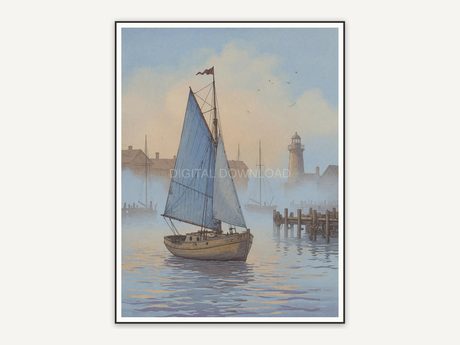 Faded sailboat in misty harbor for porch wall