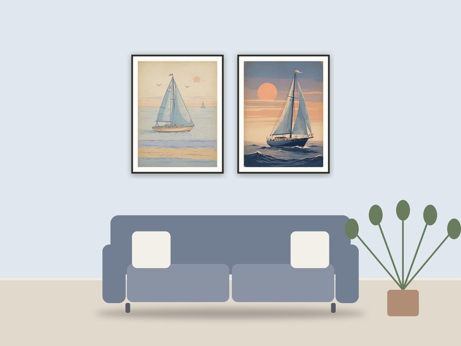 coastal americana printable art framed above a sofa in a styled living room