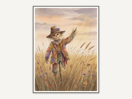 Soft watercolor scarecrow in wheat field print