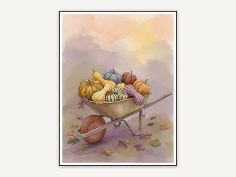 Soft watercolor wheelbarrow of gourds print