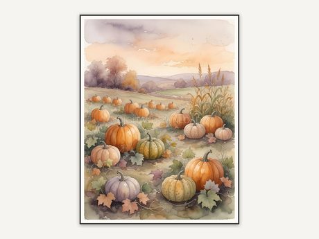 Soft watercolor pumpkin patch scene print