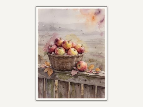 Soft watercolor apple basket print on fence